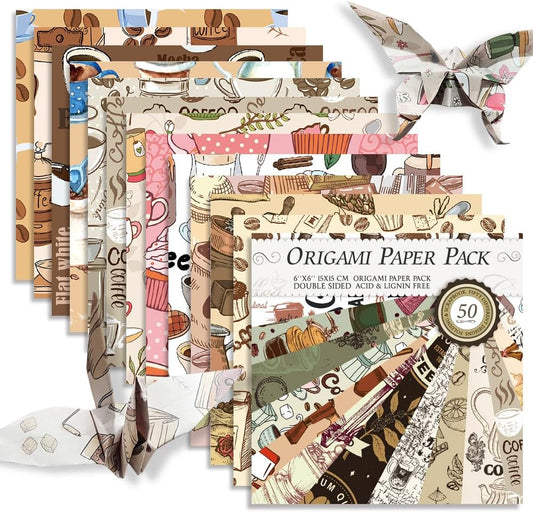Square Origami Paper 6x6 Double Sided 50 Sheets 50 Colors 70GSM Origami Kit Japanese Chiyo Easy Fold Arts Crafts DIY Handwork Beginner Coffee