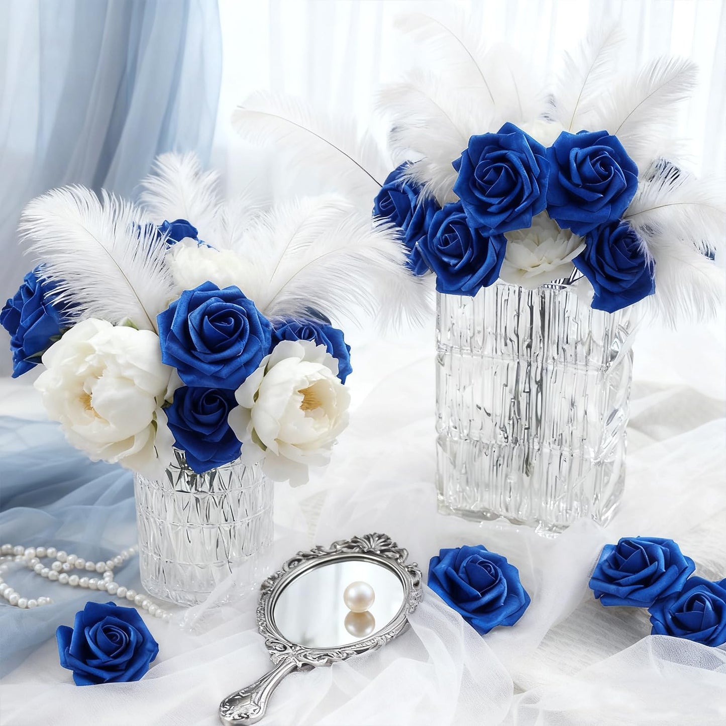 Artificial Flowers Foam Fake Roses 25pcs Royal Blue Roses with Stems for Home Decor DIY Wedding Bouquets Party Bridal Shower Centerpieces Faux Flower Arrangements Tables