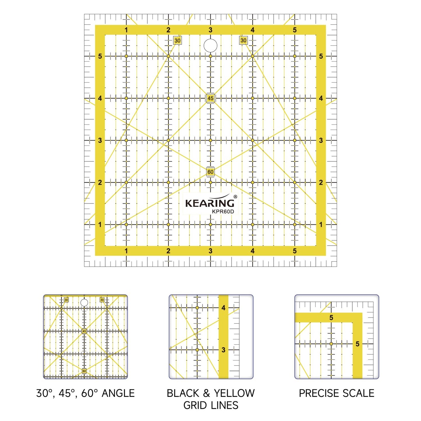 KERING Patchwork Quilting Ruler - 6x6 inch Non-Slip Acrylic Square Ruler for Foundation Paper Piecing, Bias Strips & Rotary Cutting, Durable Quilter's Tool with Anti-Slip Backing
