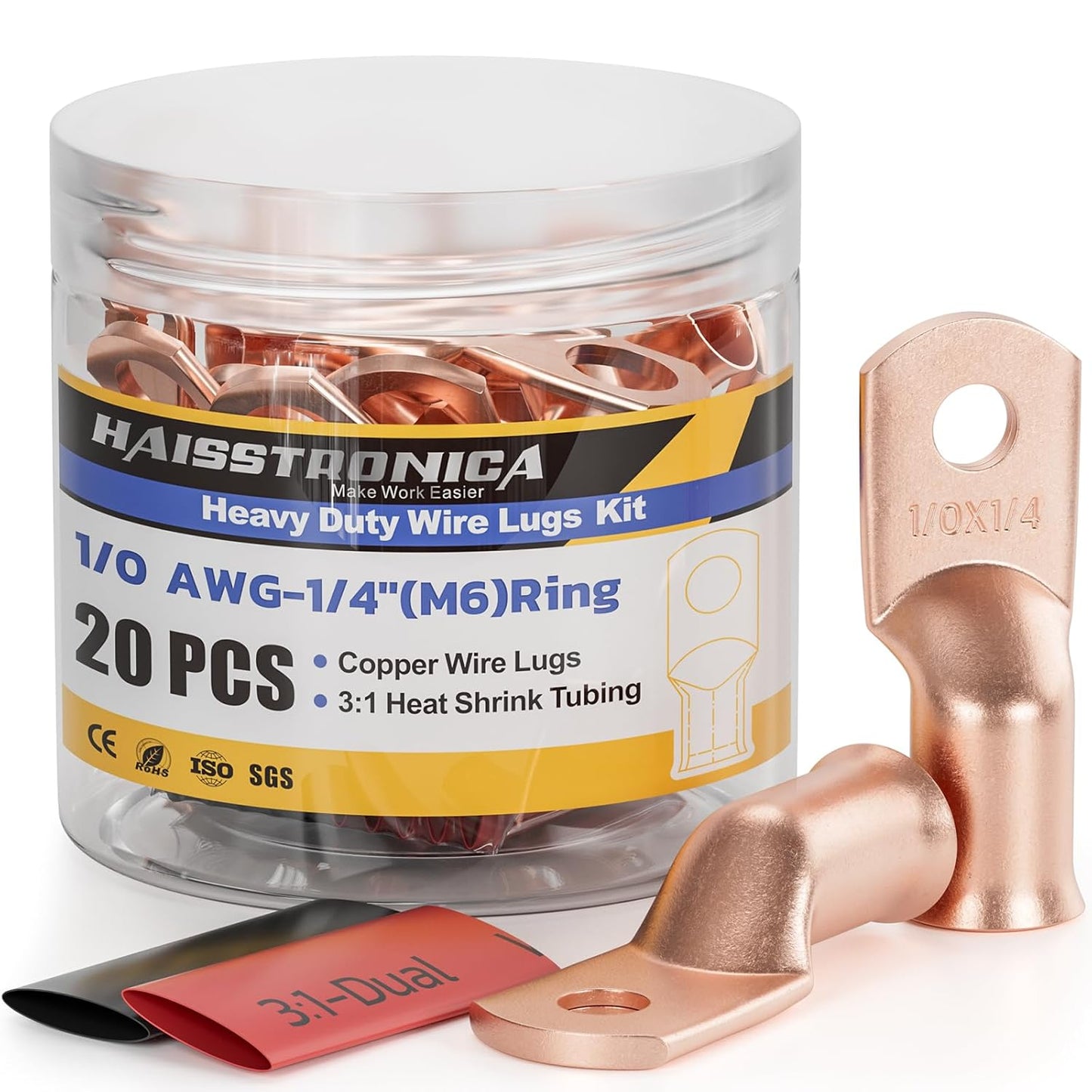 haisstronica 10pcs 1/0 AWG - 1/4"(M6) Battery Cable Lugs, Heavy Duty Copper Wire Lugs with 10pcs 3:1 Adhesive Heat Shrink Tubing, 0 Gauge Wire Connectors Battery Terminal Connector, Battery Cable Ends