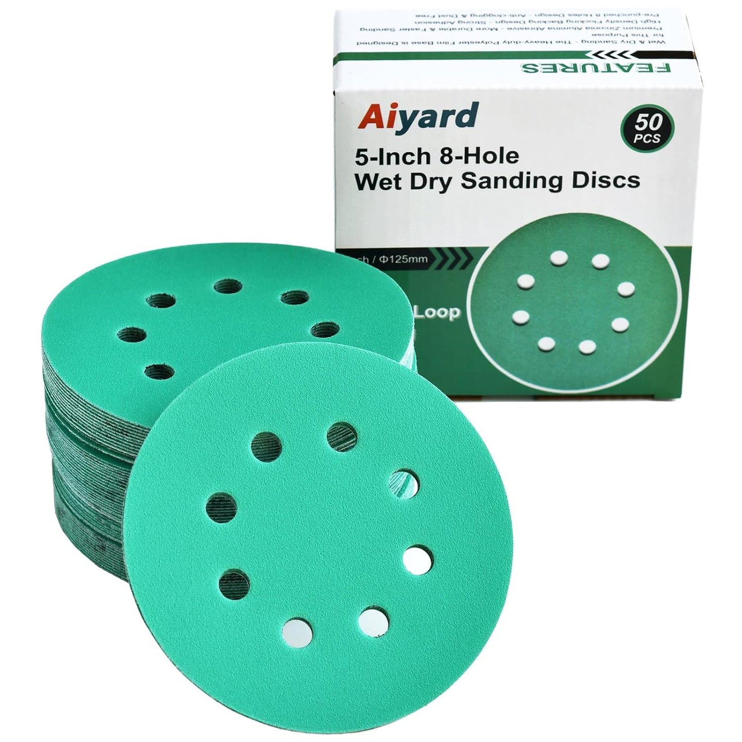 5-Inch 8-Hole Wet Dry Sanding Discs 220 Grit, Polyester Film Backed Heavy-Duty Hook and Loop Sandpaper for Random Orbital Sander, 50-Pack
