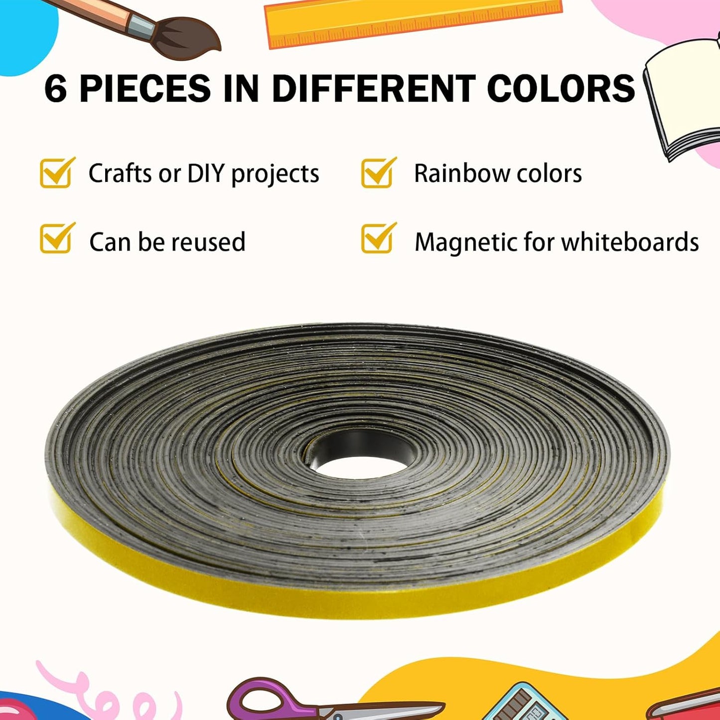 Magnetic Tape Roll Thin Strips, 0.39 Inch x 33 Feet Magnetic Board Dividers Whiteboard Graphic Decorative Tape Marking Line for Classroom Office Art Accessories(Yellow)