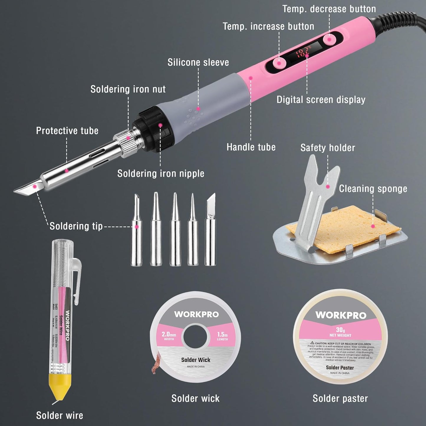 WORKPRO Soldering Iron Kit, 90W Soldering Gun with Digital Display, Iron Tips, 11-in-1 Adjustable Temperature Welding Kit for Electronic Repair, DIY Enthusiasts(110V US Plug,Pink)