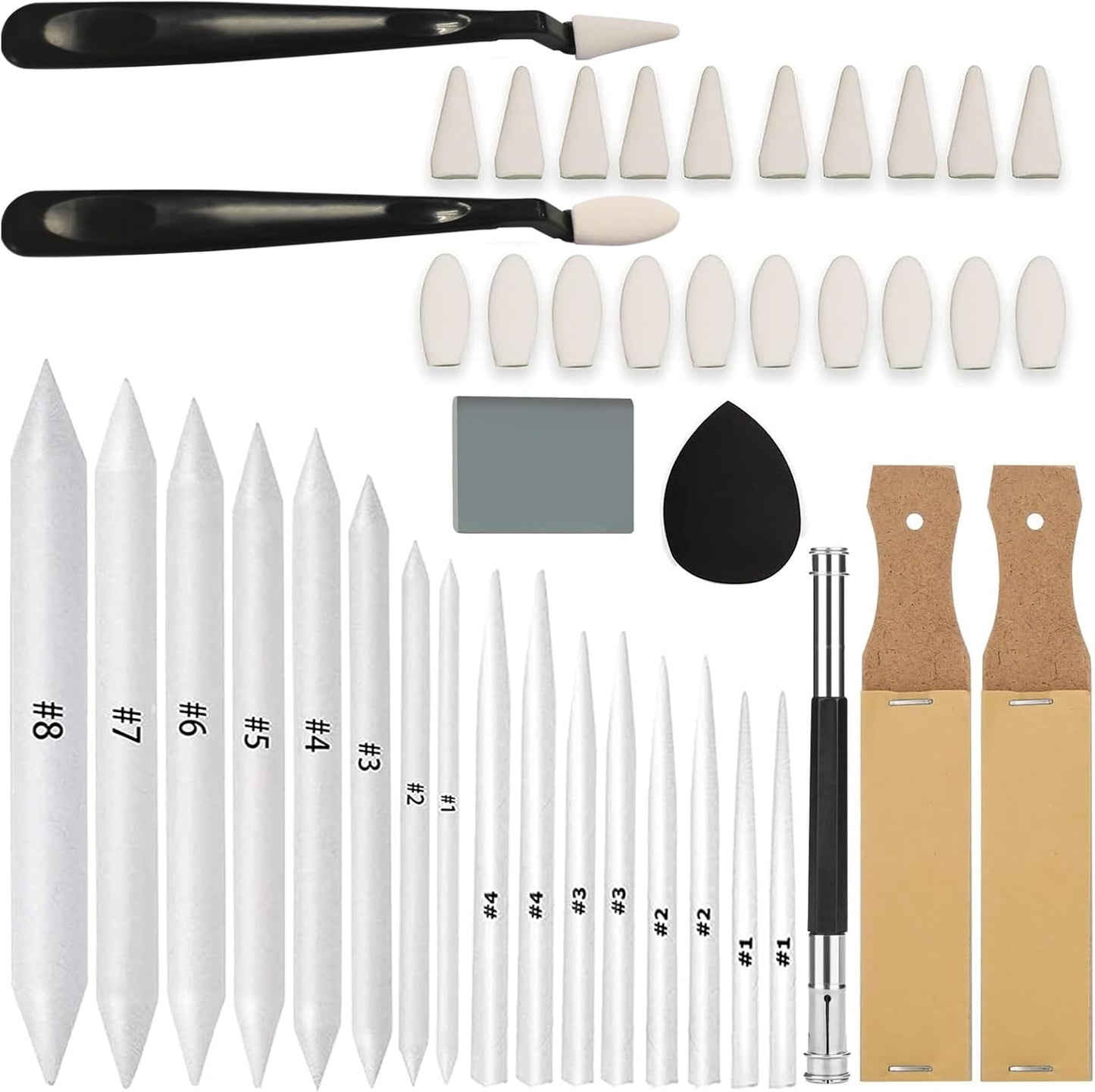 43 PCS Blending Stumps and Tortillions Paper Art Blenders Sketch Drawing Tools with Sketch Wipe Scrapers,Rub Sponge,Kneaded Eraser and Sandpaper Sharpeners