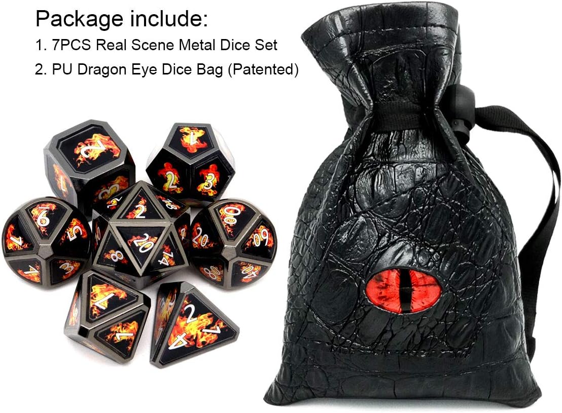Haxtec Fire Bolt Real Scene Metal DND Dice Set Black Polyhedral Metal Dice for D&D Compatible with Dungeons and Dragons Gifts TTRPG Games-Dark Fire