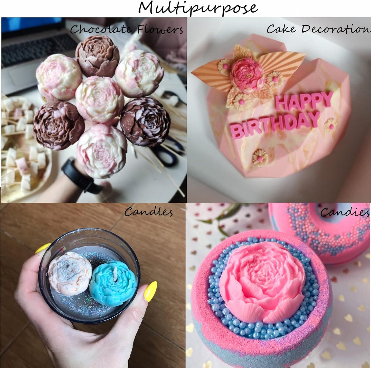 2PCS Peony Flower Silicone Candle Molds Soap Molds Fondant Chocolate Cake Candy Moulds Resin Clay Baking Pastry Tools