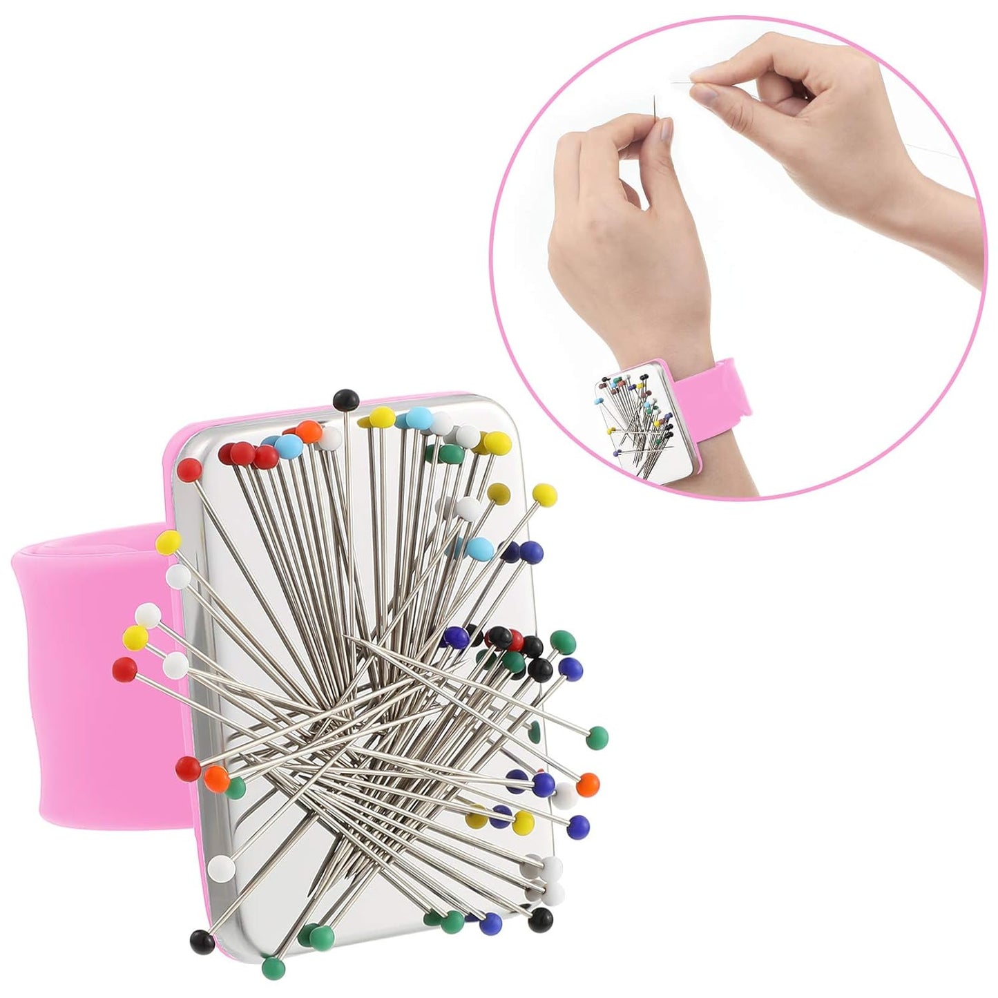 WILLBOND Magnetic Wrist Sewing Pincushion Wrist Magnetic Pin Holder Wristband Pin Cushion Holder with 3 Pcs Stainless Steel Pintail Comb Rat Tail Comb for Hair Clips Hand Sewing(Pink)