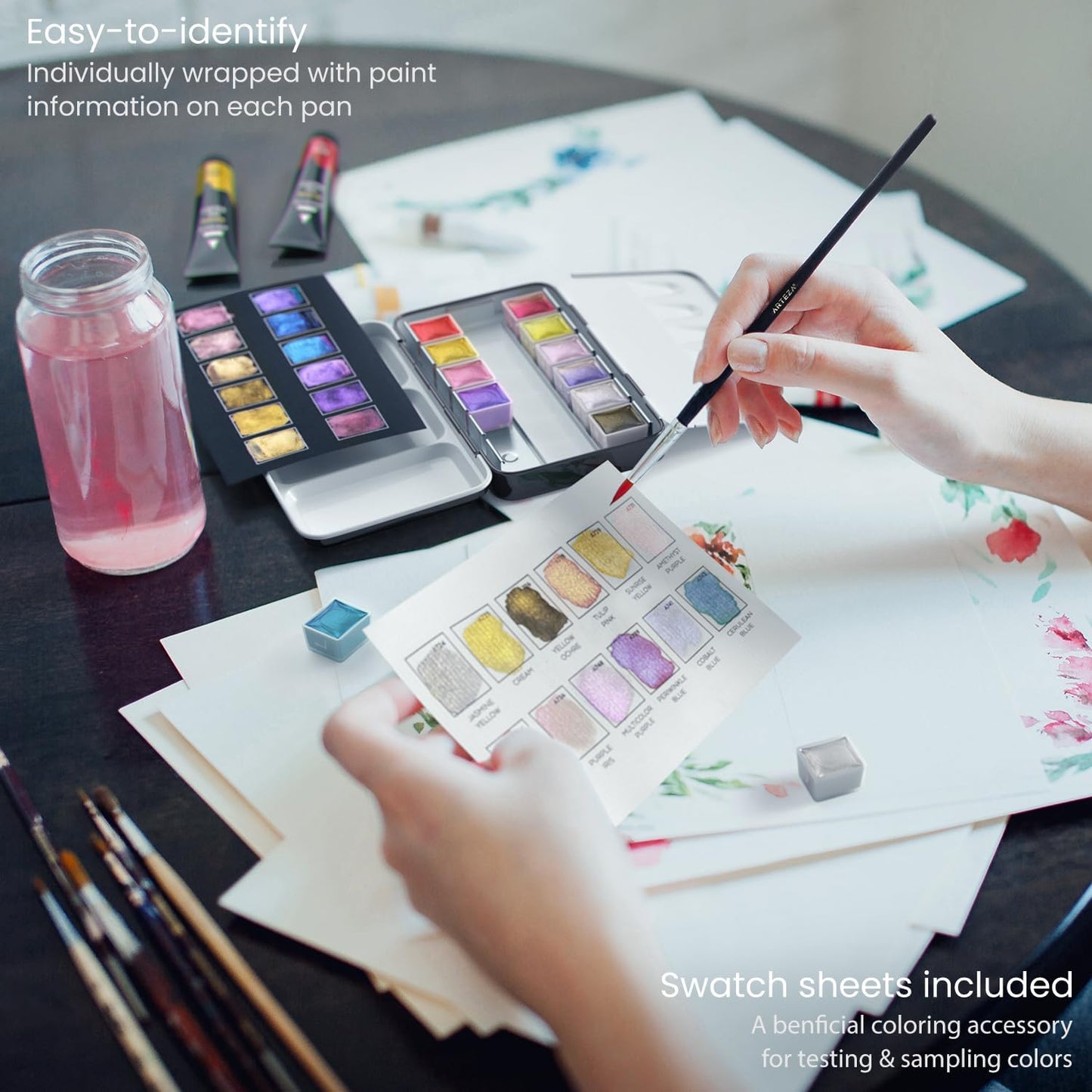 ARTEZA Metallic Watercolor Paint Set – 12 Iridescent Half Pans, Compact Travel Palette with Brush for Painting, Journaling & Mixed Media