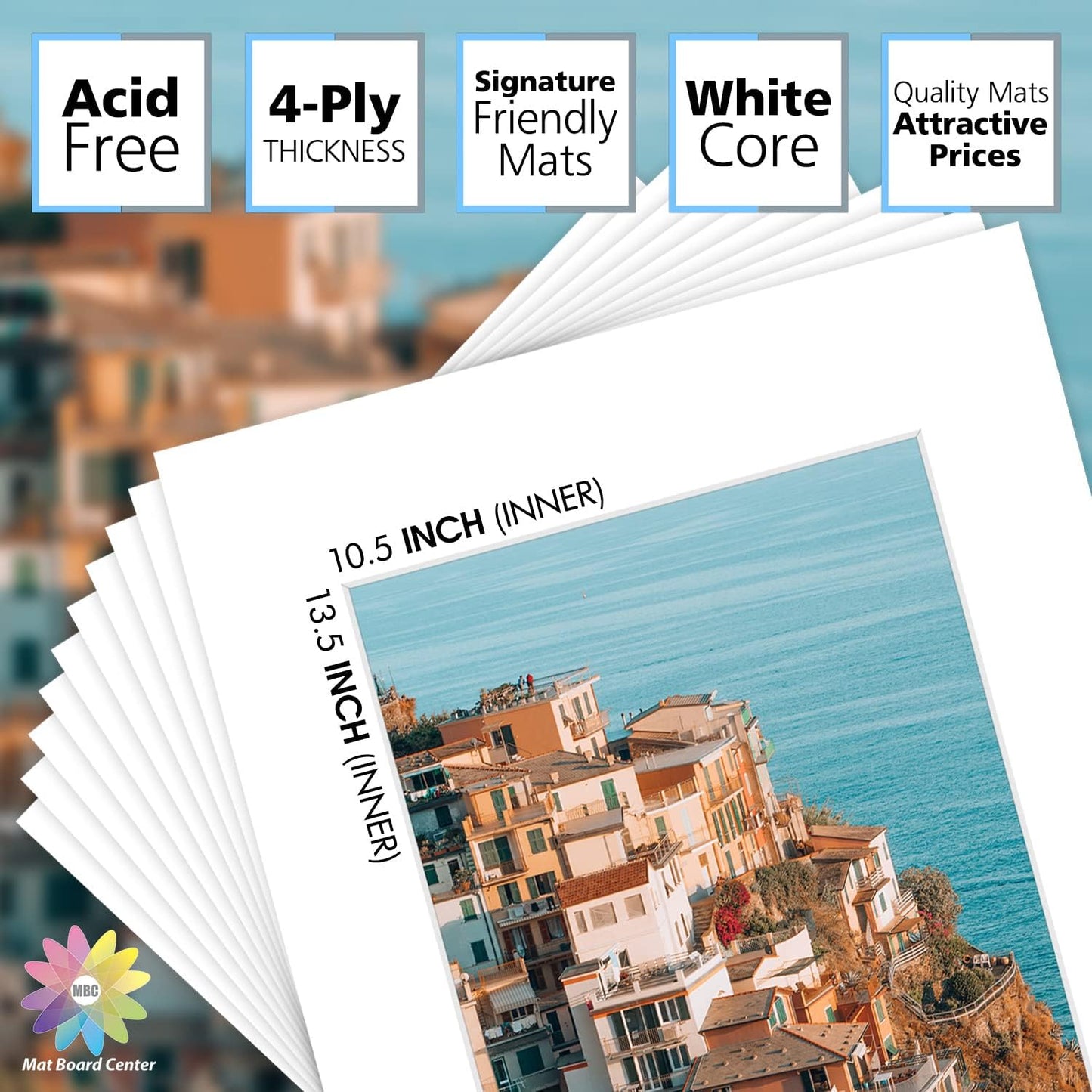 Mat Board Center, Pack of 10, 16x20 for 11x14 White Picture Mat Sets - Acid Free, 4-ply Thickness, Bevel Pre-Cut White Core - Includes Backing Boards and Clear Bags - for Pictures, Photos, Framing