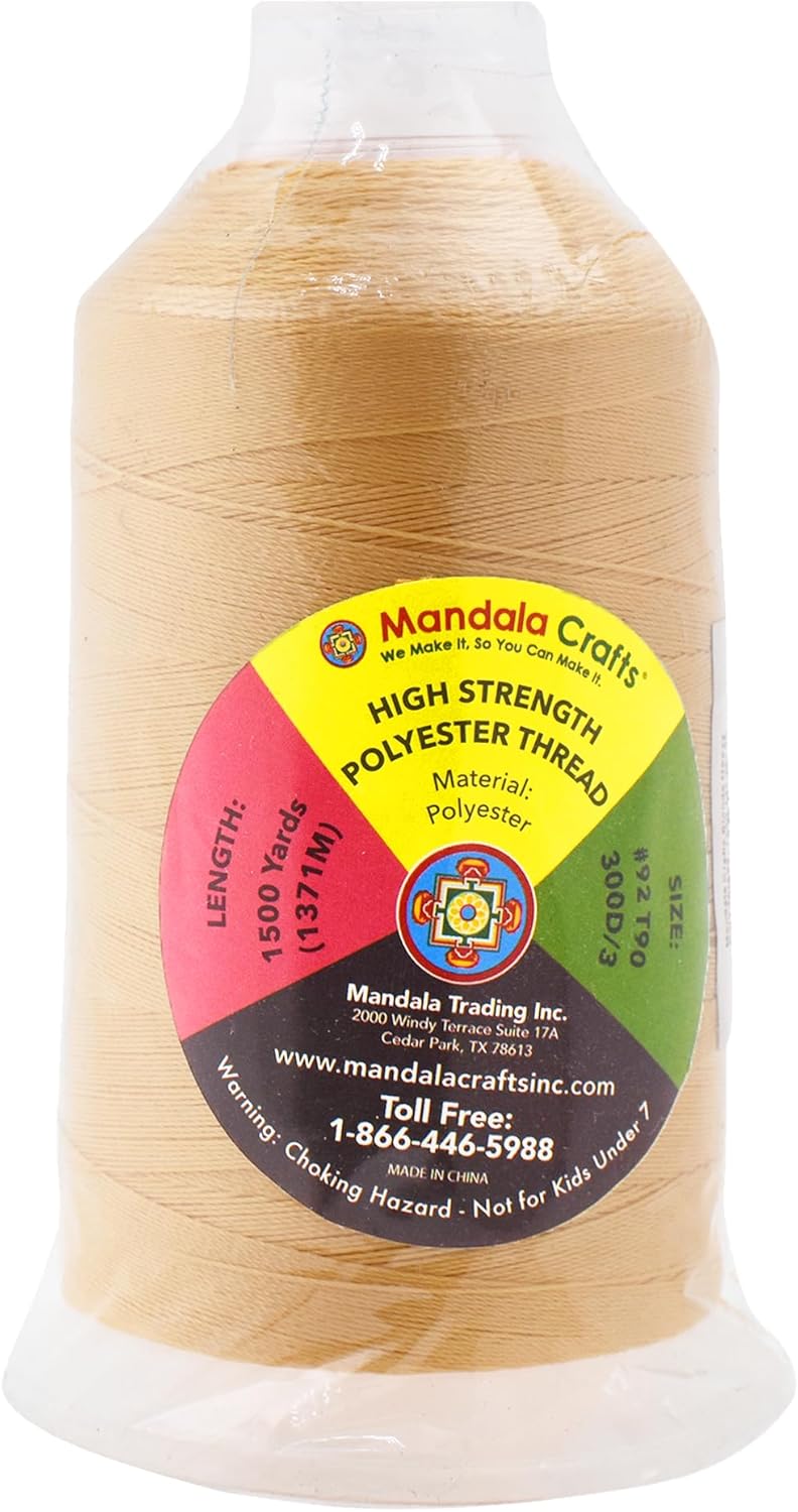 Mandala Crafts Blonde Heavy Duty Thread -1500 Yds Tex 90 Thread for Sewing Drapery Jeans Leather Hair - Bonded Polyester for Outdoor Marine Upholstery