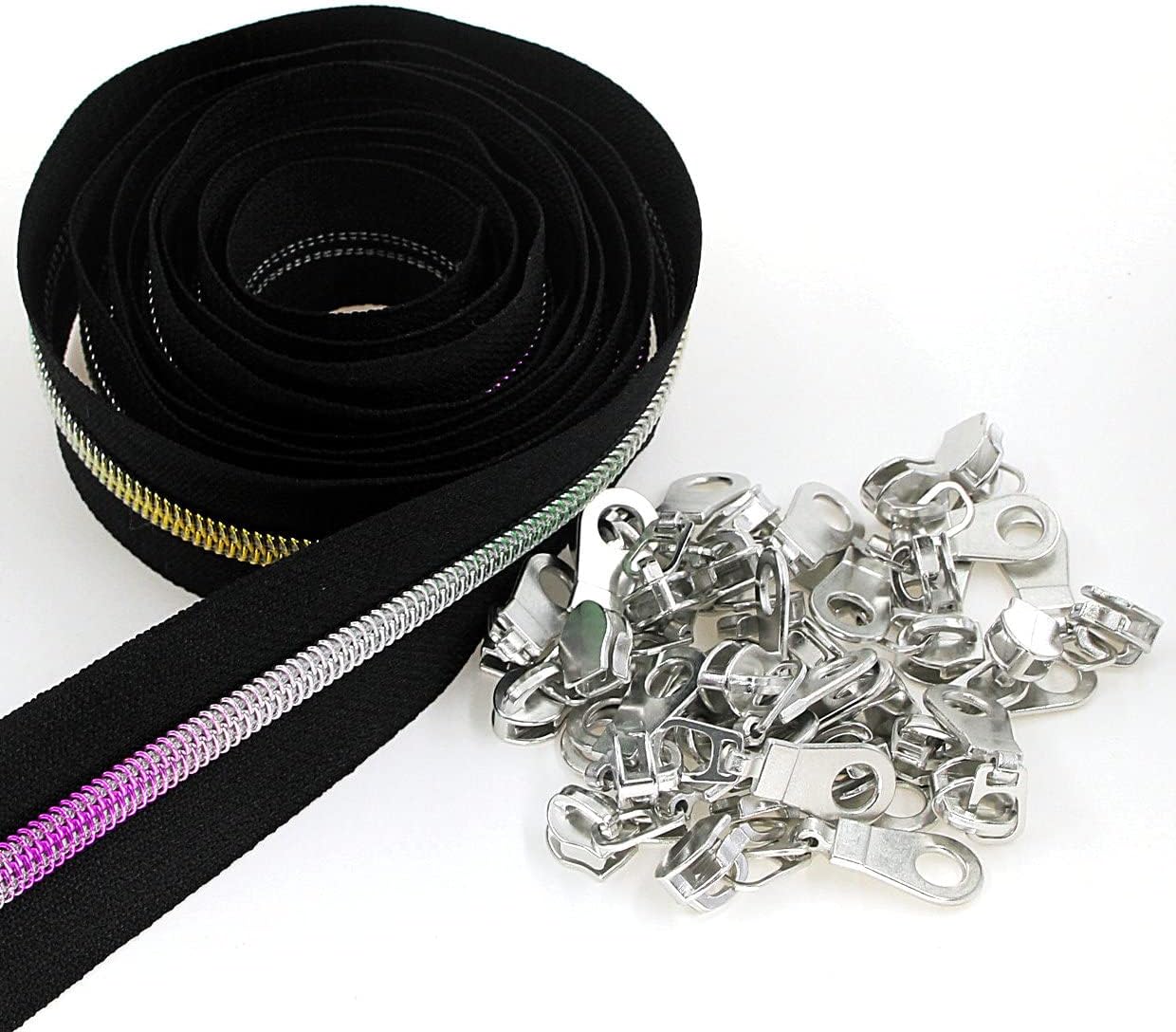 Leekayer #5 Metallic Nylon Coil Zippers by The Yard Rainbow Teeth Zipper Bulk 10 Yards Black Tape with 25pcs Silver Sliders for DIY Sewing Tailor Craft Bag(Black)