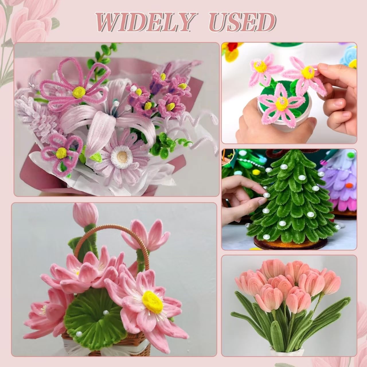 500 Pcs Pipe Cleaners Craft，5 Colors Pipe Cleaners Bulk,Chenille Stems Flowers Craft kit for DIY Handmade Bouquet Wrapping Party Decorations whit Ribbons，Stems,Tape，Stamens, Glue Sticks (Pink)