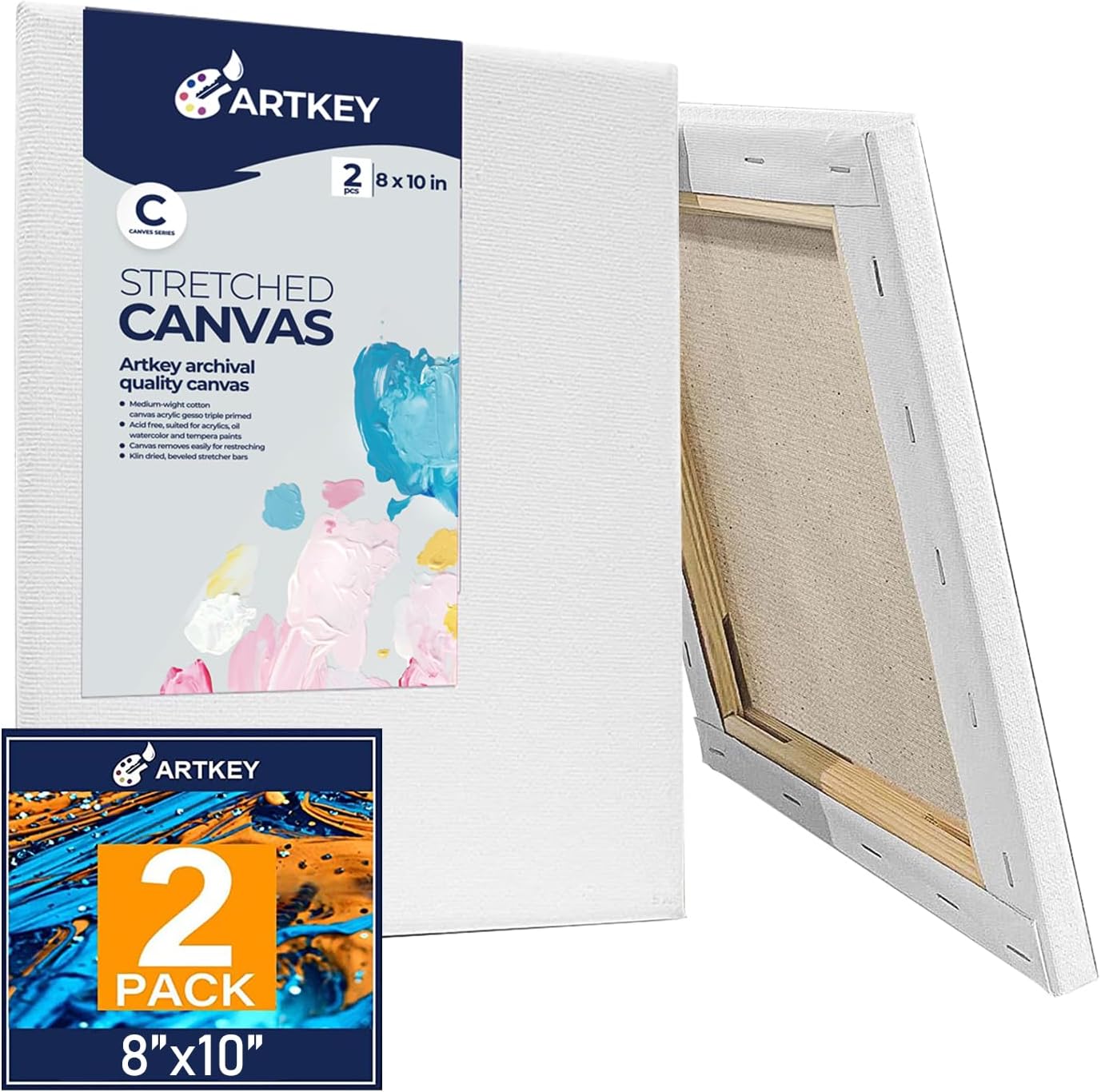 Stretched Canvases for Painting 8x10 Inch 2-Pack, 10 oz Triple Primed Acid-Free 100% Cotton Blank Canvas, Art Canvases for Oil Paint Acrylics Pouring & Wet Art Media, Pour Painting