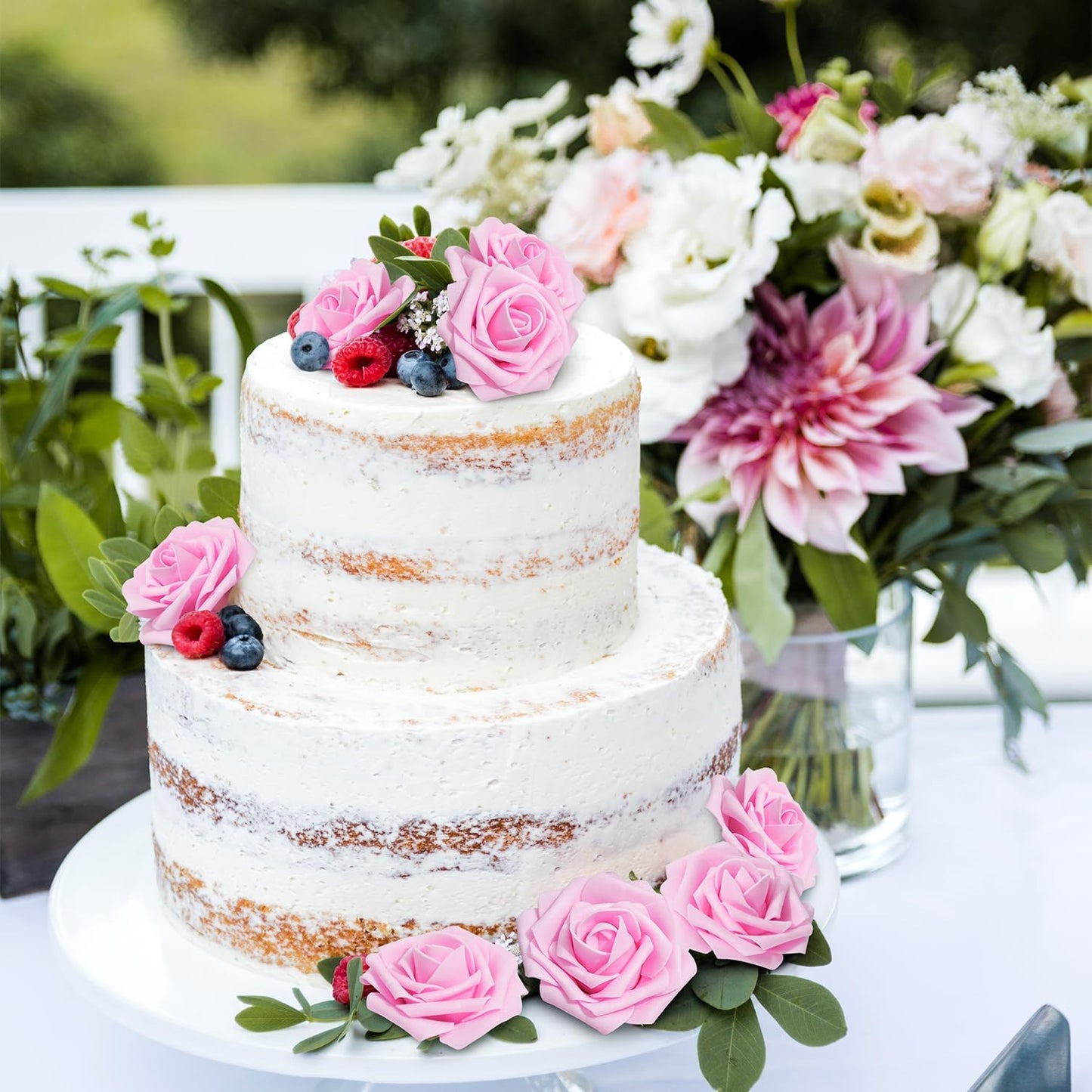 Artificial Flowers Foam Fake Roses 25pcs Pink Roses with Stems for Home Decor DIY Wedding Bouquets Party Bridal Shower Centerpieces Faux Flower Arrangements Tables Decorations