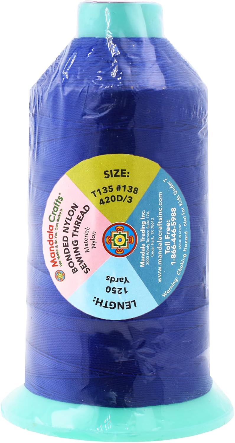 Mandala Crafts Bonded Nylon Thread Royal Blue Heavy Duty Sewing Threads - 1250 YDs Size 138 420D T135 Tex 135 Thread for Leather Jeans Weaving Outdoor Marine Upholstery Threads