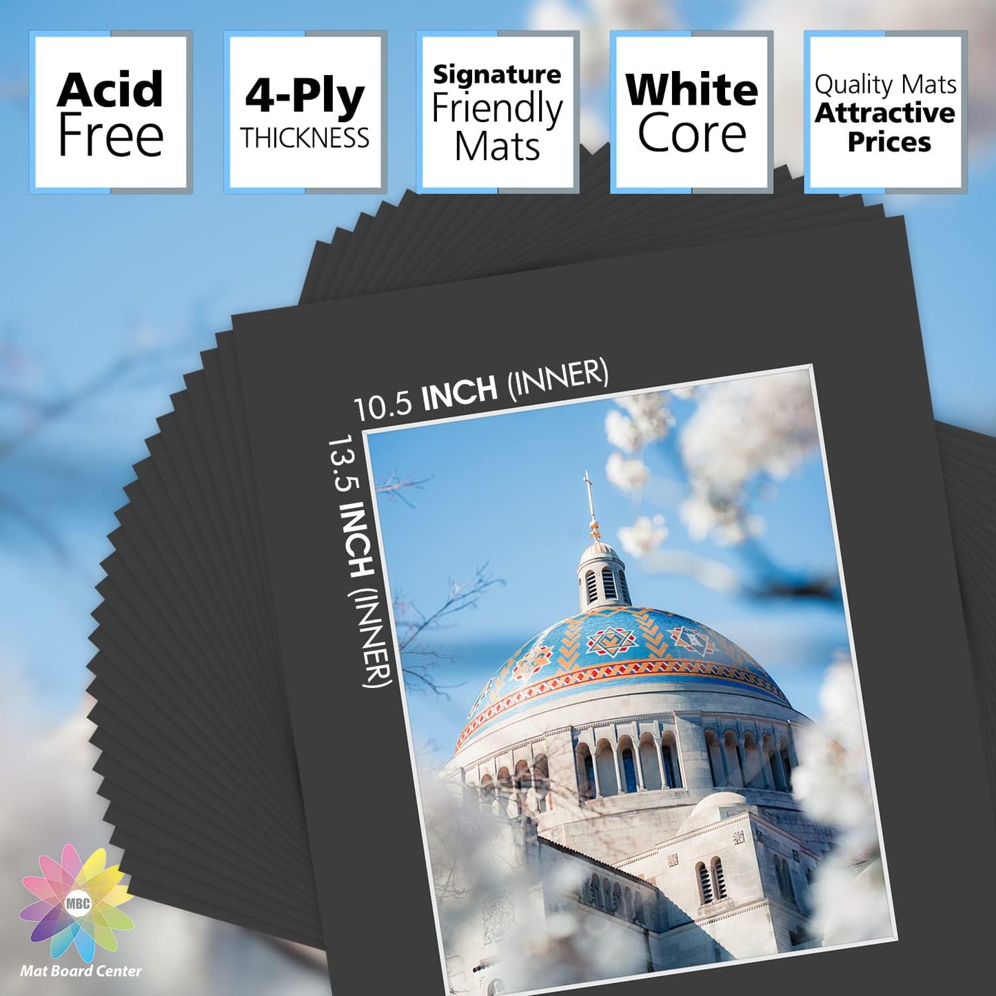 Mat Board Center, Pack of 25, 16x20 for 11x14 Black Picture Mat Sets - Acid Free, 4-ply Thickness, Bevel Pre-Cut White Core - Includes Backing Boards and Clear Bags - for Pictures, Photos, Framing