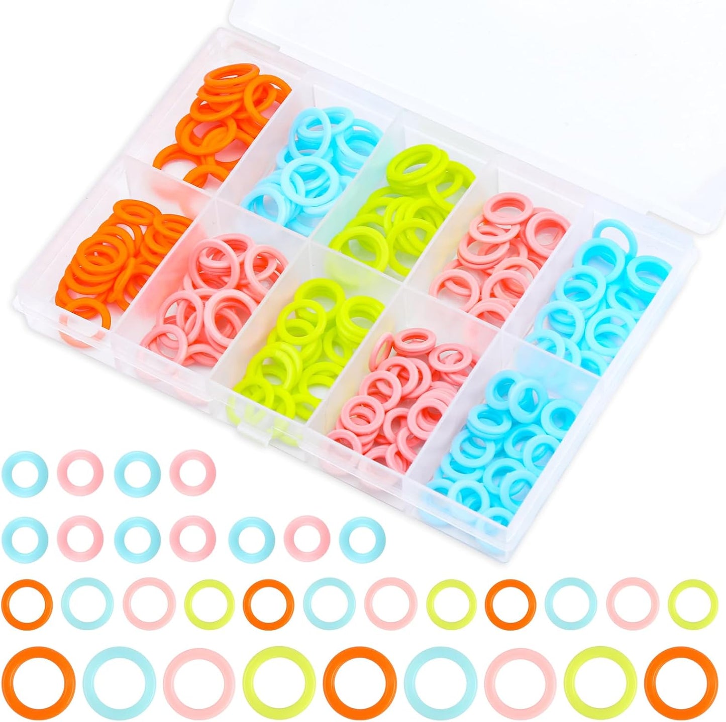 LUNARM 220 Pcs Knitting Stitch Marker, Random Colors O-Rings with Storage Box, Plastic Markers Rings(S/M/L) Crochet Locking Stitch for Knitting/Crochet