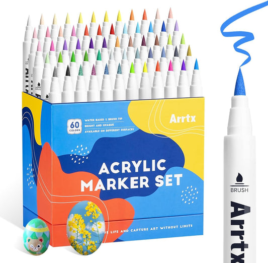Arrtx 60 Colors Acrylic Paint Pens, Markers Paint Pens, Brush Tip for Rock Painting, Wood, Canvas, Stone, Ceramic, DIY Crafts Making Art Supplies-with Neon & Metallic & Regular Color-60A