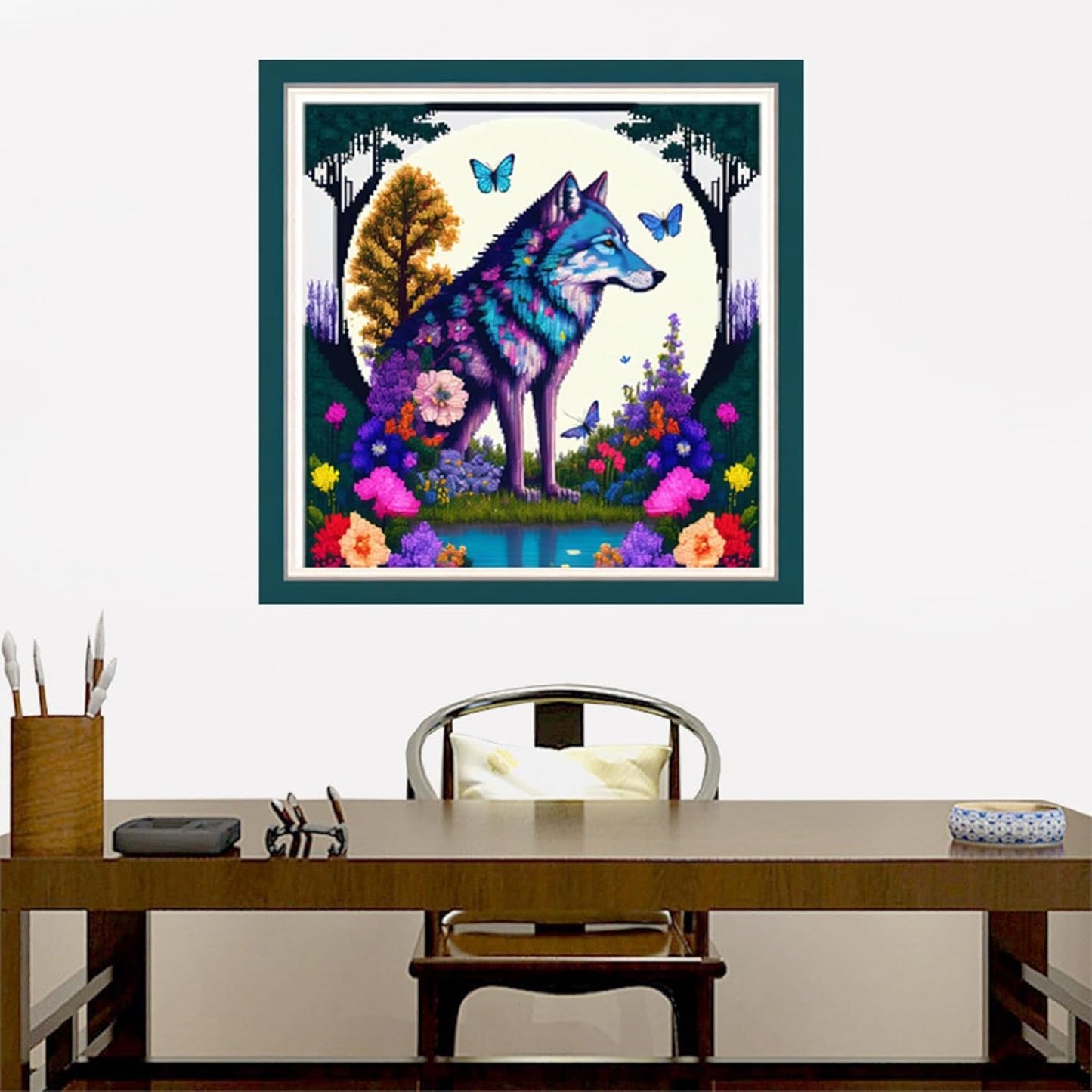 Joyhoor Cross Stitch Kits for Beginners Stamped Cross-Stitch Supplies Needlework preprint Embroidery Kits for Adults DIY Needlepoint Kits Embroidery Patterns 11CT-Wolf Butterfly 17.7x17.7 inch