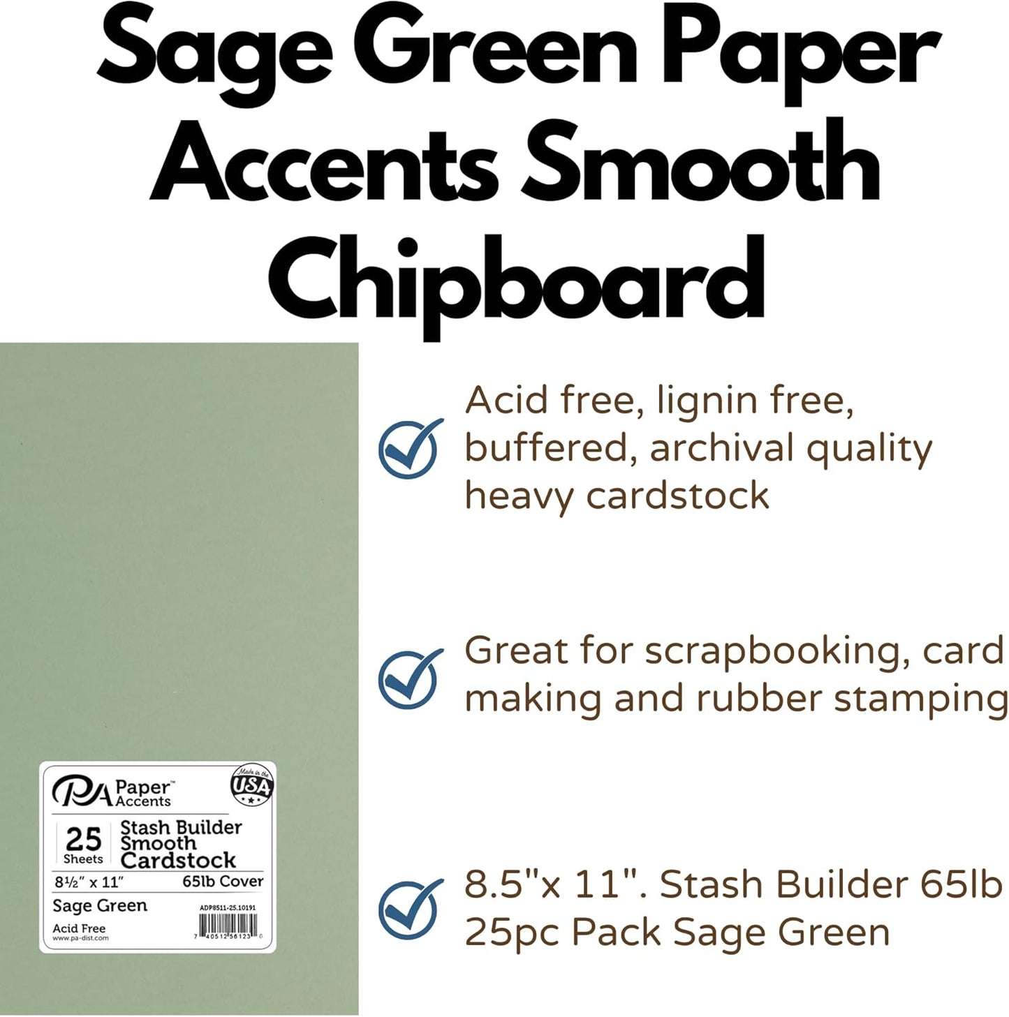 PA Paper Accents Stash Builder Cardstock Pack 8.5" x 11" Sage Green, 65lb colored cardstock paper for card making, scrapbooking, printing, quilling and crafts, 25 pieces