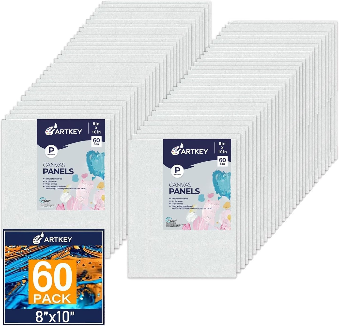 Canvas Panels 8x10 Inch 60-Pack, 10 oz Primed 100% Cotton White Blank Small Canvases for Painting, Flat Canvas Board for Oil Acrylics Watercolor & Tempera Paints