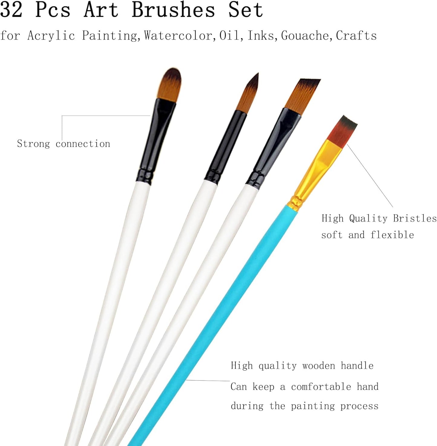 32 pcs Paint Brushes Set for Acrylic Painting,Watercolor,Oil，Inks，Gouache，Crafts, Brush Tip with Flat，Round, Angle，Filbert,Fan, Detail Brushes，Paint Brush Set for Artists and Beginners