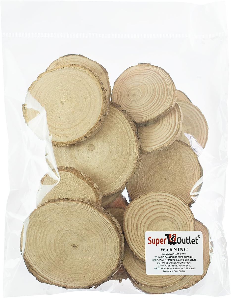 Super Z Outlet Mini Assorted Size Natural Color Tree Bark Wood Slices Round Log Discs for Arts & Crafts, Home Hanging Decorations, Event Ornaments (5-8cm, 20pcs)