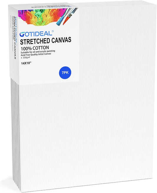 GOTIDEAL Stretched Canvases for Painting, 14x18 Inch Set of 7, Primed White - 100% Cotton Blank Art Canvas Boards for Painting for Acrylic Pouring, Oil Paint Dry & Wet Art Media