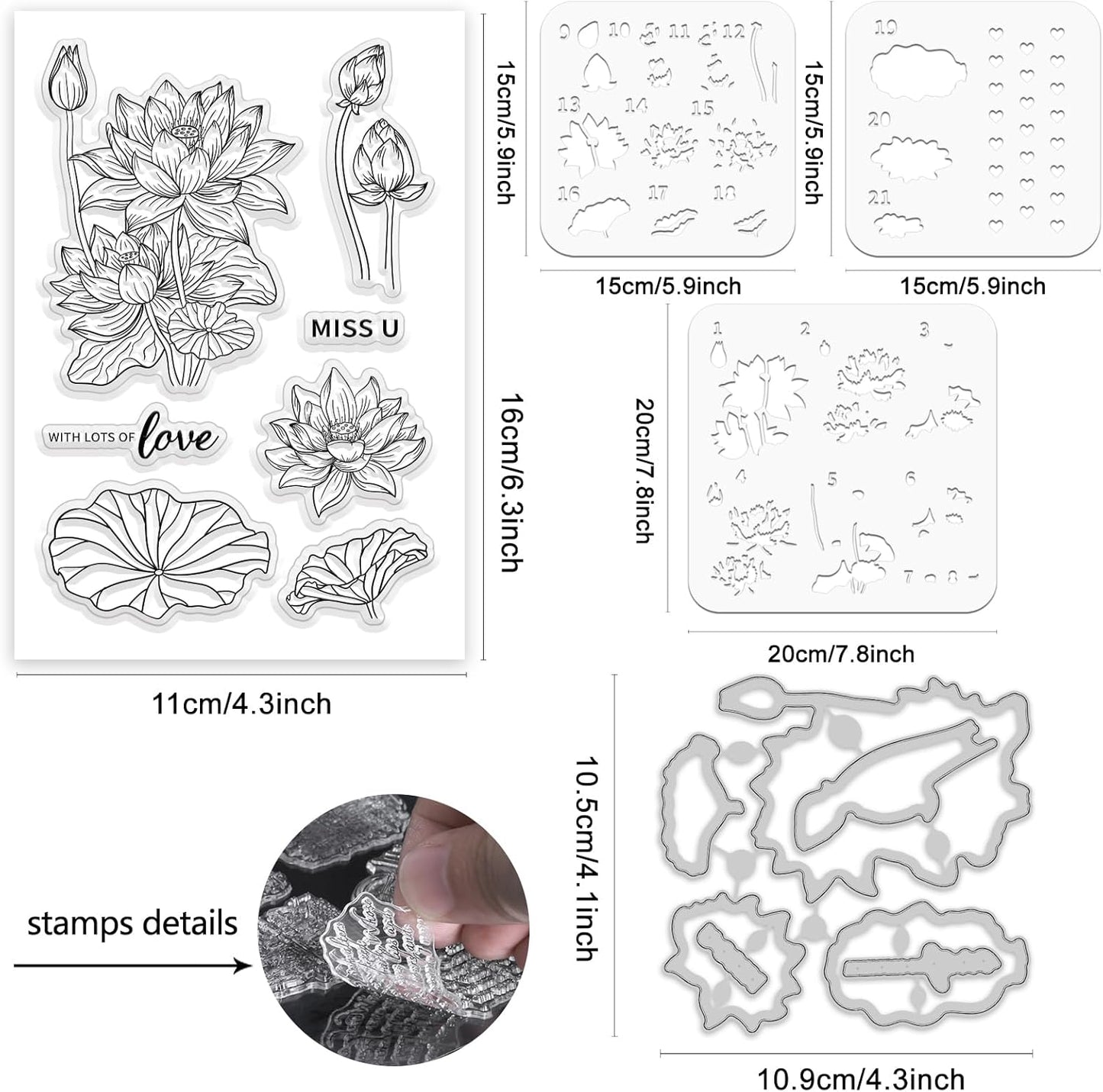ORIGACH Lotus Layering Stencil Stamp and Die Set for Card Making, Flower Stencil Template Silicone Clear Stamps and Metal Die Sets for DIY Scrapbooking Photo Album Crafting