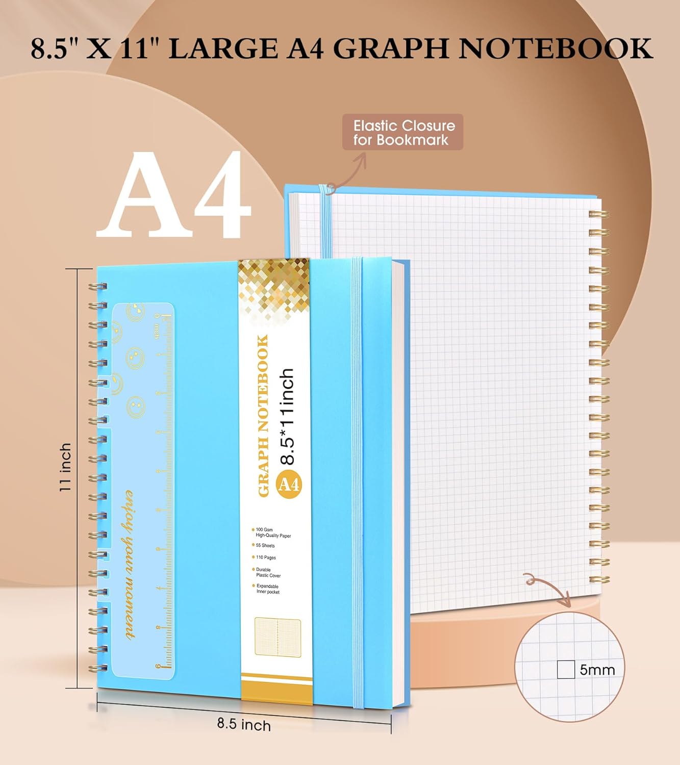 Graph Paper Notebook, Spiral Notebook Journal 8.5” x 11”, A4 Large Grid Notebooks for Women Men, 100 GSM Graph Paper, Plastic Hardcover Spiral Graphing Journals for Work School Engineerin, Blue