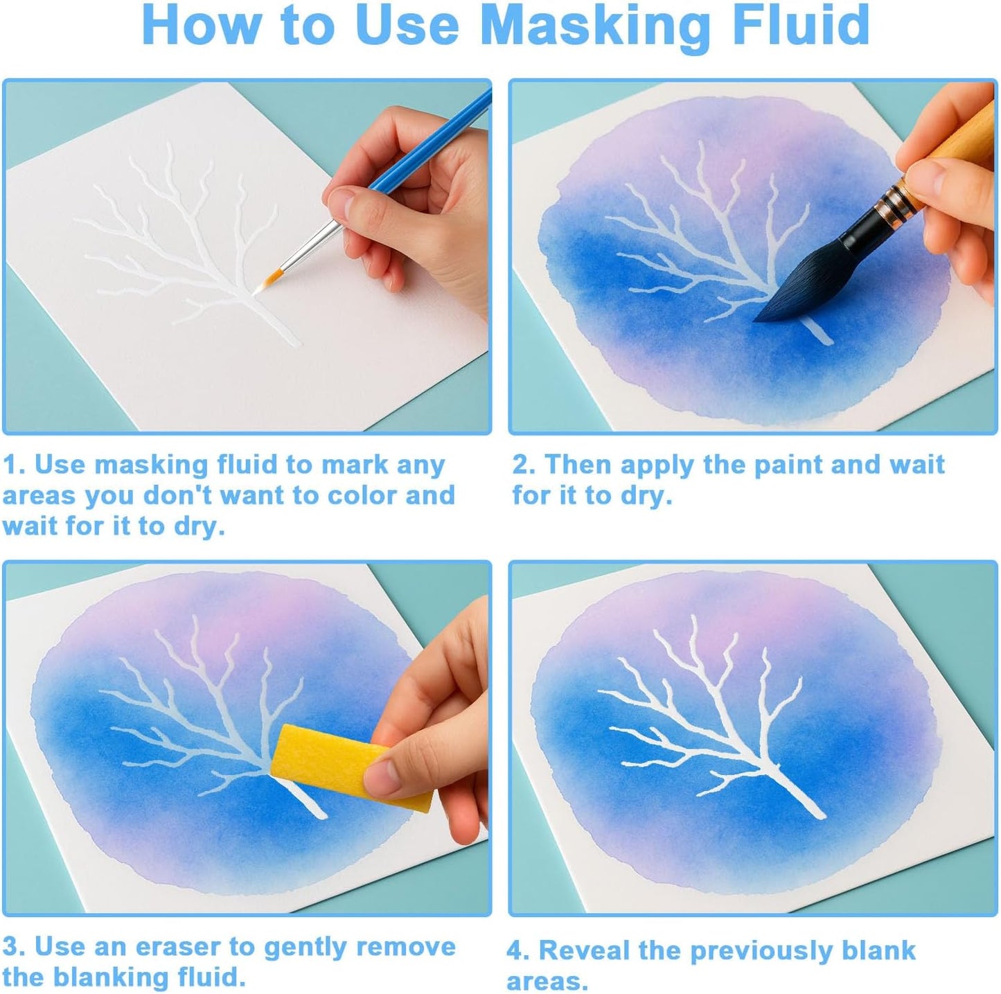 Masking Fluid for Watercolor Painting, 30ml Watercolor Masking Fluid with 2 Brushes & Eraser, Fine Arts & Crafts Supplies for Ink, Watercolor, Gouache Painting