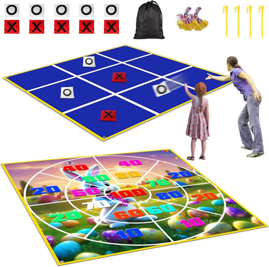 2-in-1 Outdoor Games Large Bunny Egg Bean Bag Toss & Giant Tic Tac Toe 4.5Ft, Double-Sided Lawn Yard Game for Kids Adults, Easter Party, Camping Backyard Carnival Field Day, Family Reunion Fun