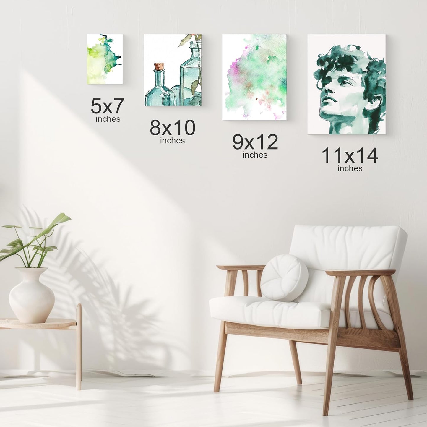 PHOENIX Watercolor Canvas Boards for Painting - 12 Multi Sizes Pack, 5x7,8x10,9x12,11x14 Inch, 100% Cotton Water Color Panels, 8 Oz. / 260g White Blank Medium Texture Flat Canvases