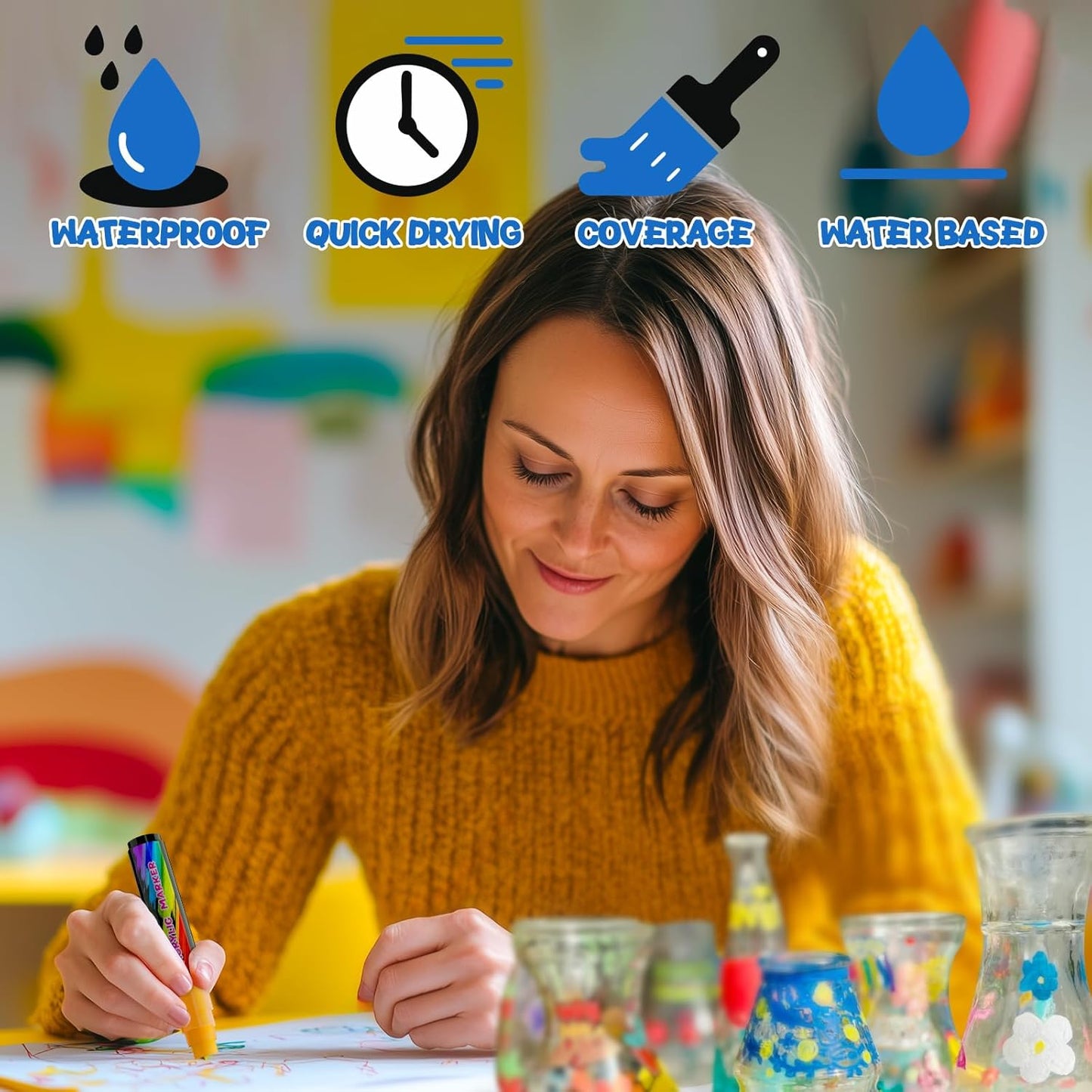 FansArriche Acrylic Paint Markers, 15mm Jumbo Felt Tip, 24 Colored Waterproof and Permanent Paint Pens for Tagging, Signs, Calligraphy, and Outdoor Paintings