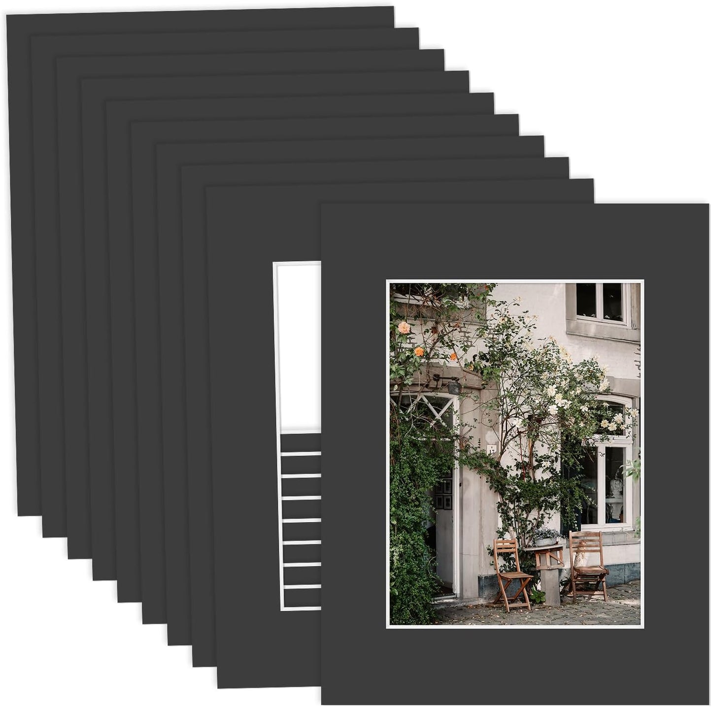 MBC MAT BOARD CENTER, 10 Pack 8.5X11 for 6X8 Black Picture Mats Frame Mattes, Bevel Cut, Acid Free, 4-Ply Thickness