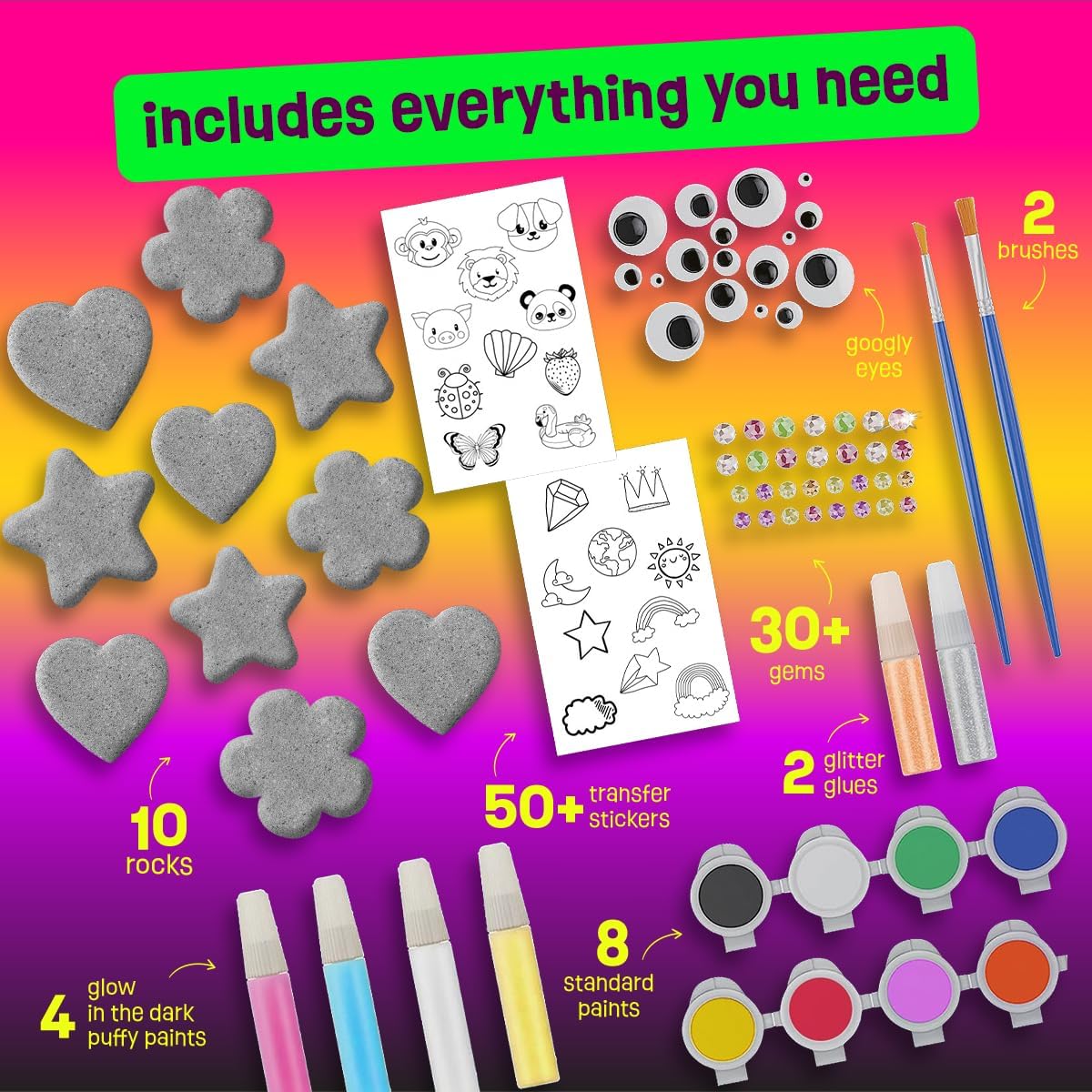 Heart, Flower & Star Shaped Rocks - Glow in The Dark Rock Painting Kit for Kids - Arts & Crafts Toys for Kids Ages 6-12 - Valentines Day Craft Kits - Birthday Gifts for 6 7 8 9 10 11 12 Year Old Girls