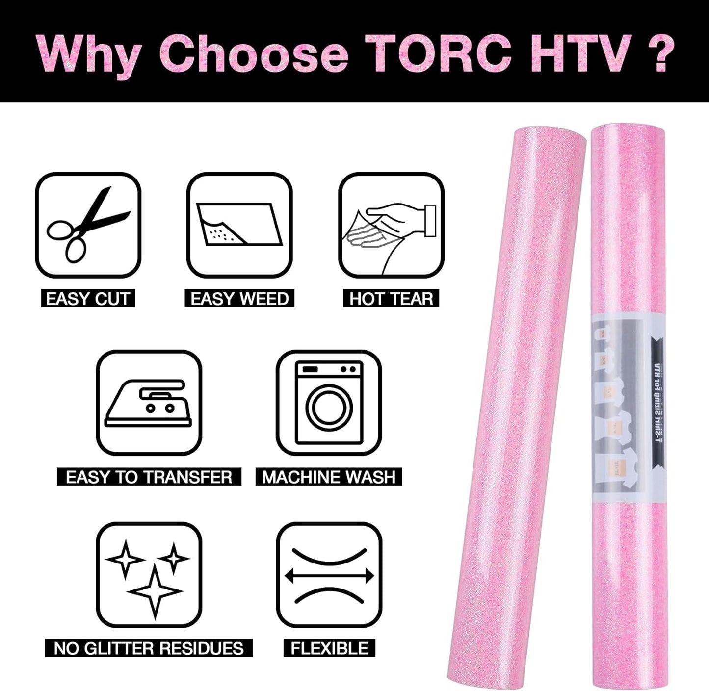 TORC Pink Glitter HTV Heat Transfer Vinyl 2 Rolls Iron on Vinyl for T Shirts Crafts 12 inch x 5 ft