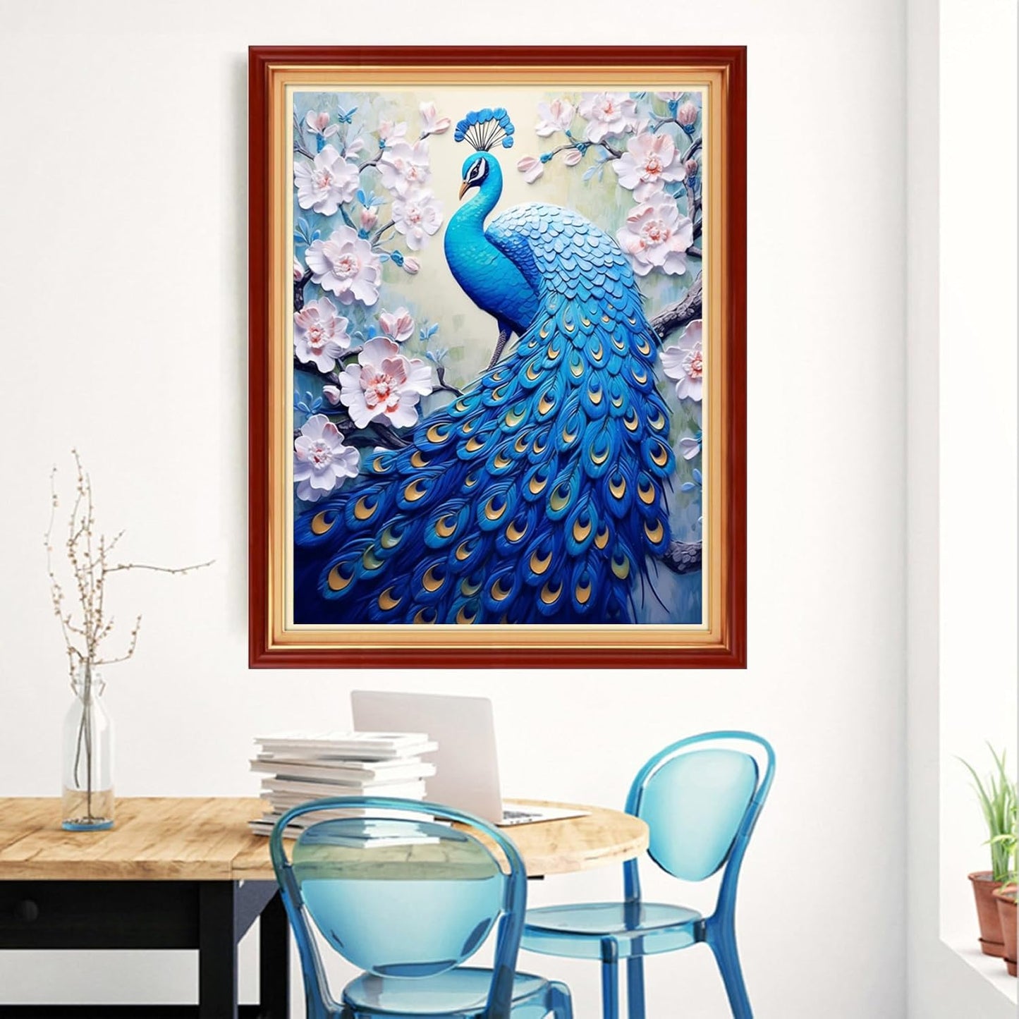 Magxvouy Cross Stitch Kits Stamped Full Range of Embroidery Kits,Cross Stitch Patterns Needlework Kits for Beginners 11CT Printed Kits&Blue Peacock Flower 16x20 inch