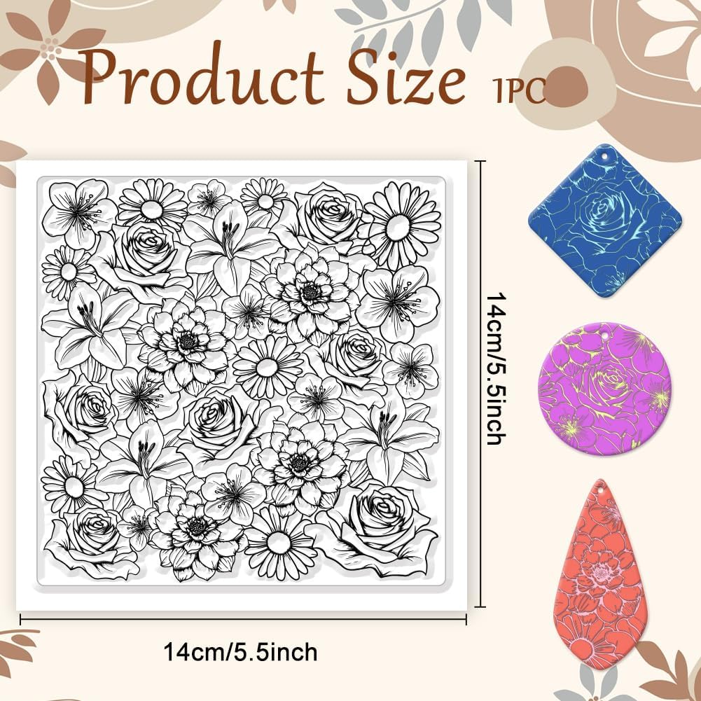 CHGCRAFT Flowers Polymer Clay Texture Sheets Rose Daisy Silicone Texture Stamp Lilies Cherry Blossom Clay Modeling Pattern Pad Texture Sheets for Polymer Clay Making Earrings Jewelry