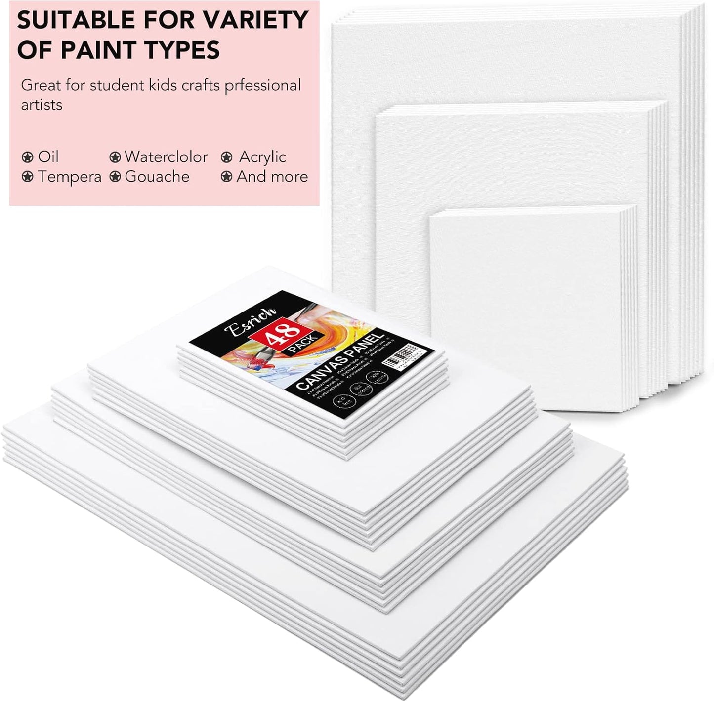 ESRICH 48 Pack Canvas Boards for Painting, 6Pcs of 4x4, 4x6, 5x6, 6x6, 8x10, 10x10, 9x12, 11x14 Canvas for Painting, Cotton Primed Blank Painting Canvas Panels for Oil, Acrylic, Watercolor