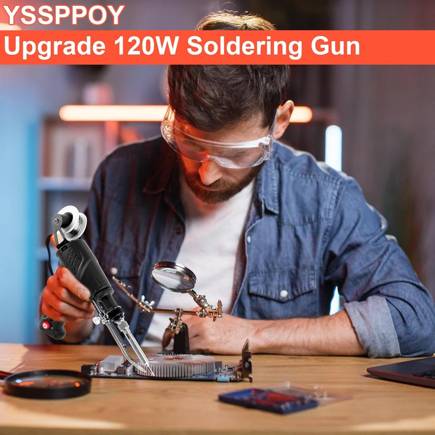 Upgrade 120W Soldering Iron Kit with Ceramic Heater, Automatic Soldering Gun Kit Includes 3 Solder Wire, 3 Interchangeable Tips, 2 Tweezers, Desoldering Pump, Basic Stand with Sponge