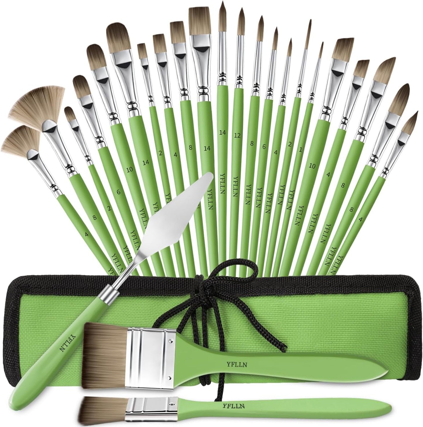 Paint Brushes Set of 25 Pieces Wooden Handles Brushes，Professional Artist Series with Filbert, Fan, Dagger, Cat Tongue, Round, Angle, Wide Flat Canvas Roll Bag & Palette Knife