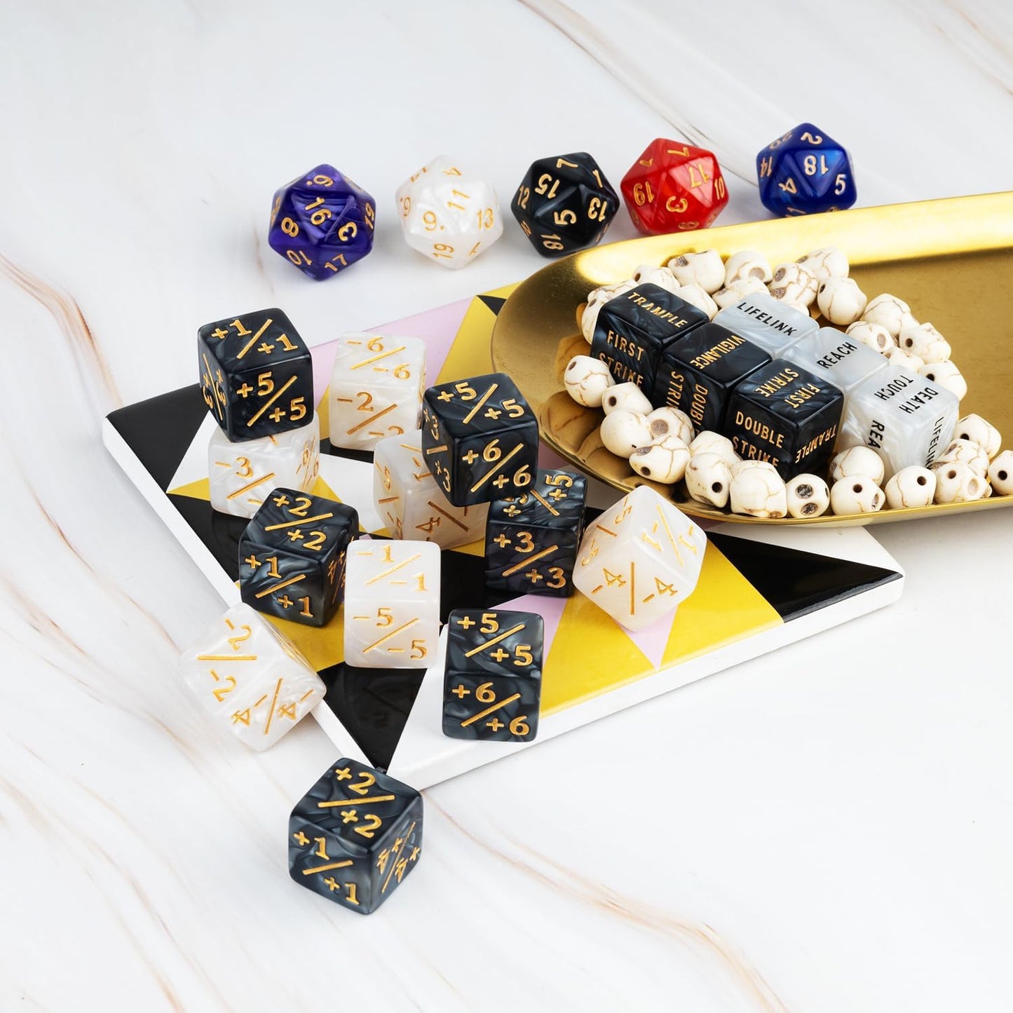 65 Pieces MTG Dice Counters Life Keyword Counter Dice Set Plus One/+1 Buff Abilities Shield Tokens for MTG, TCG, Cards Gaming Accessories