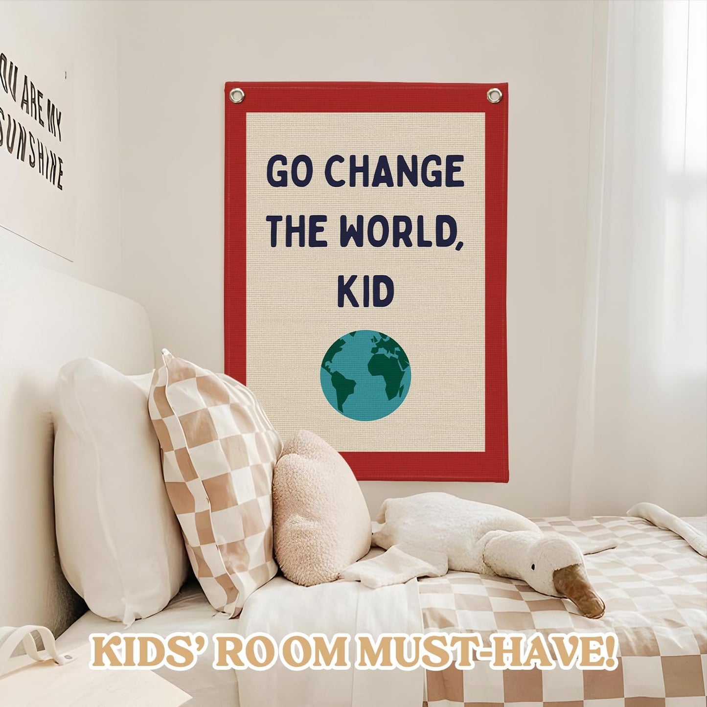 Classroom Decor,Motivational Wall Decor,Go Change the World Kid Linen Canvas Banner,Playroom Wall Decor Hanging Flag for Playroom Bedroom Nursery Graduation Gifts 18x25 Inch