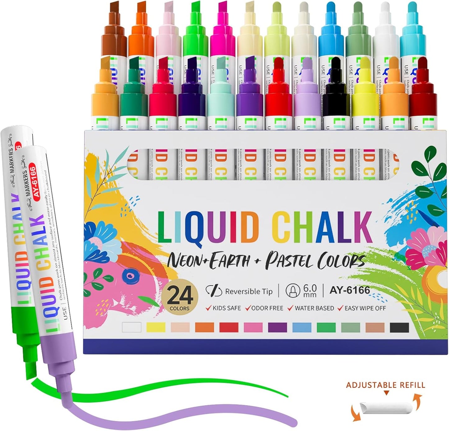 Chalk Markers for Blackboard 24 Colors Wet-Dry Erasable Liquid Chalk Marker, Dust Free Chalk Pen with 6mm Reversible Bullet & Chisel Tip for Car, Window, Glas, Whiteboard, Chalkboard, Mirror, Calendar