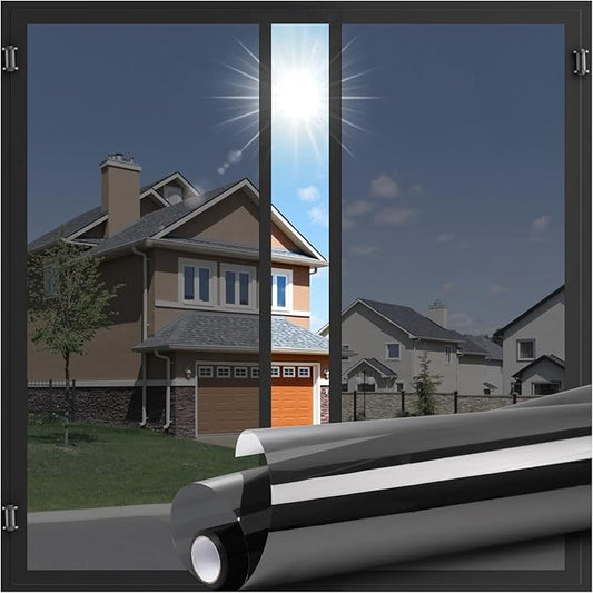 LUTE One Way Window Privacy Film, Window Tint for Home, Sun Blocking UV Heat Blocker, See Out Not in Reflective Mirror Film, Removable Static Cling Glass Door Cover, Black Silver, 35.4" x 118.1"