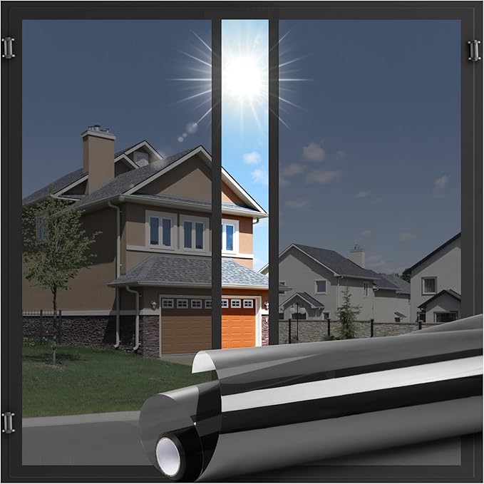 LUTE One Way Window Privacy Film, Window Tint for Home, Sun Blocking UV Heat Blocker, See Out Not in Reflective Mirror Film, Removable Static Cling Glass Door Cover, Black Silver, 35.4" x 78.7"