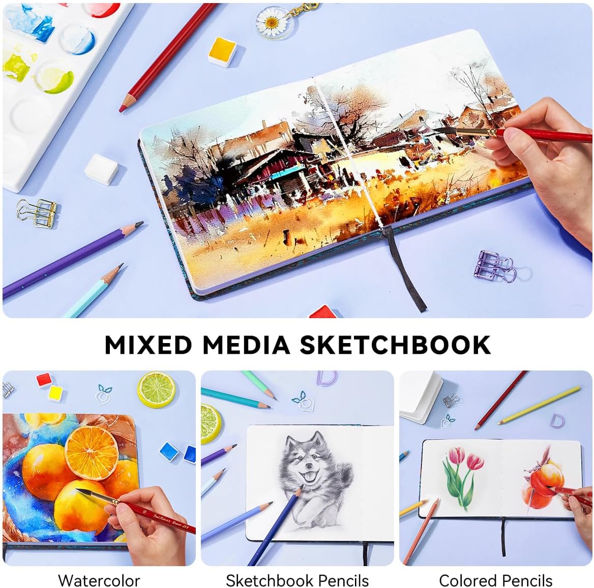 Lightwish Square Watercolor Journal,100% Cotton,300gsm/140lb,Acid-Free,24 Sheets Cold Press Watecolor Sketchbook for Artists Adults Students,6.29 * 6.29 Inches(Blue Starry Sky)