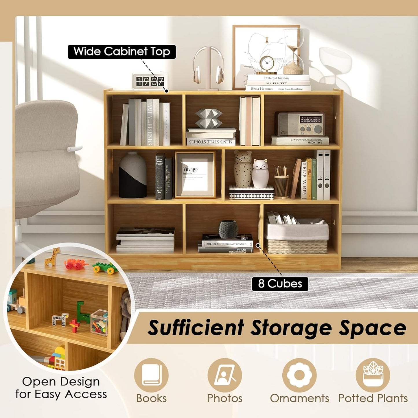 Toy Storage Organizer, 3-Tier Kids Bookshelf, 8 Cube Kids' Bookcases, Cabinets & Shelves, Wooden Toy Organizers, Small Book Shelf for Bedroom, Playroom, Classroom, Nursery (Burlywood)
