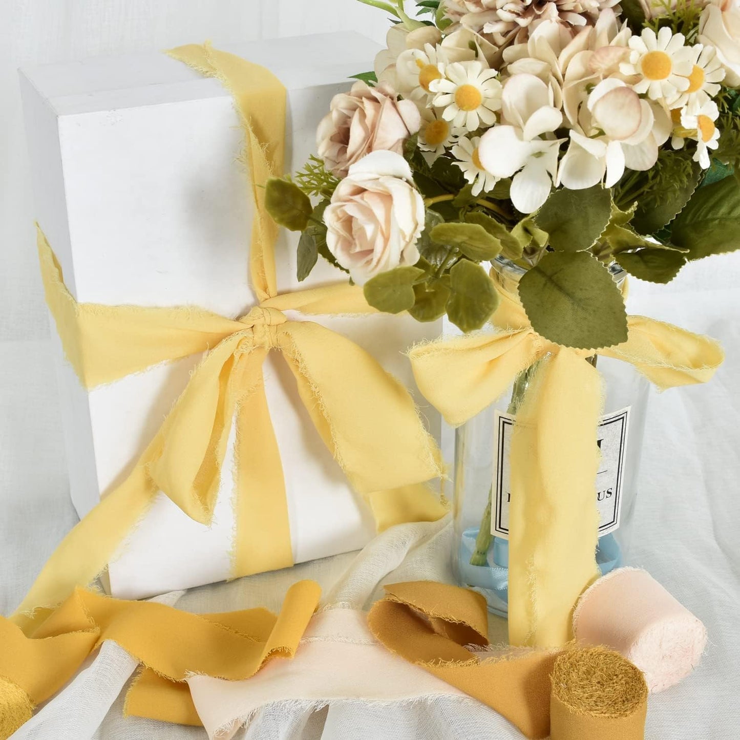 TONIFUL 4 Rolls Silk Chiffon Ribbon, 1-1/2 Inch x 22yds, Gold Chiffon Ribbons Set, Handmade Fringe Silk Ribbon for Gift Wrapping Bridal Bouquets Wedding Invitations Decoration Crafts